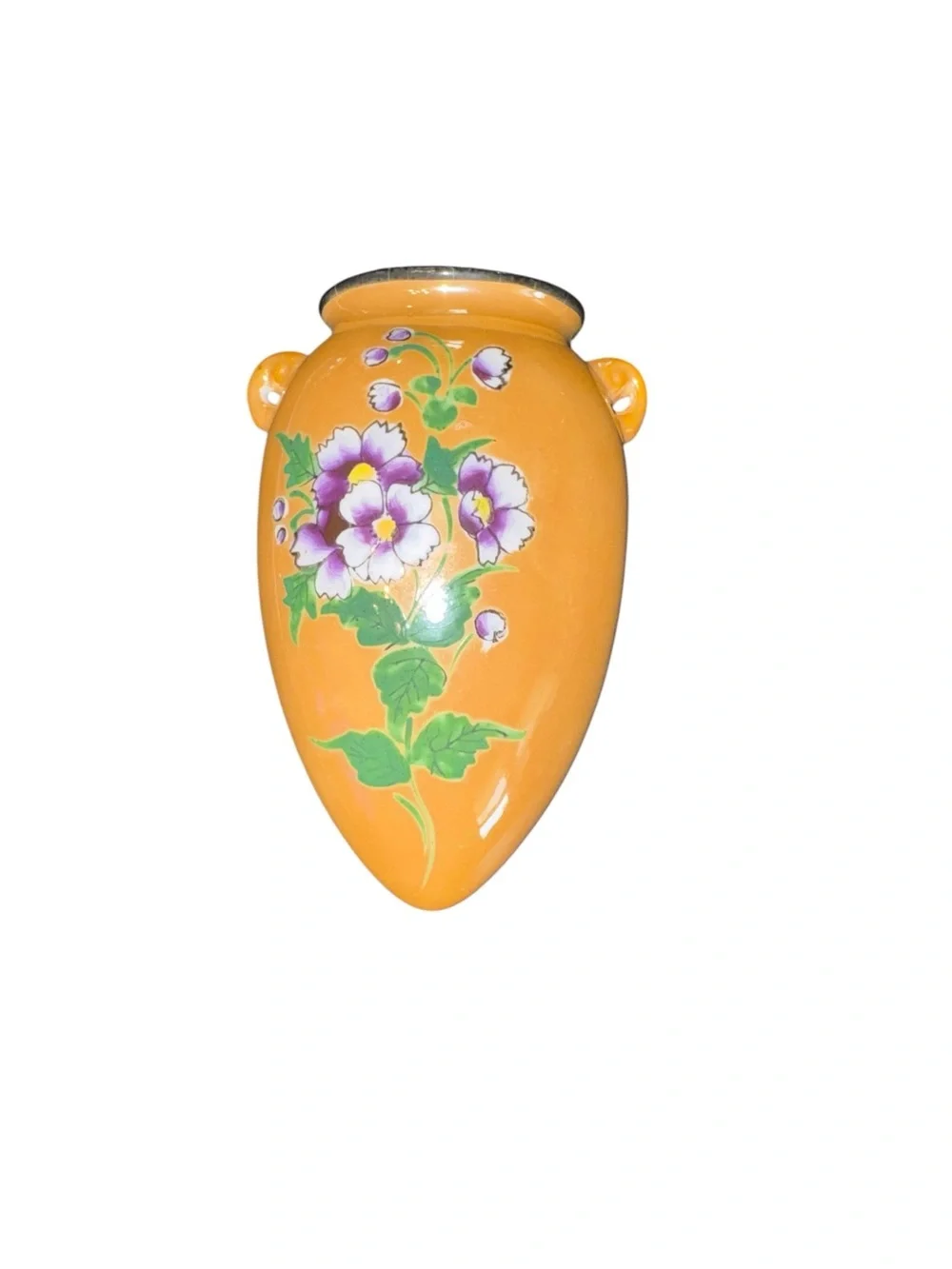Vintage Orange Floral Porcelain Wall Pocket Vase Hand Painted Silver Trim